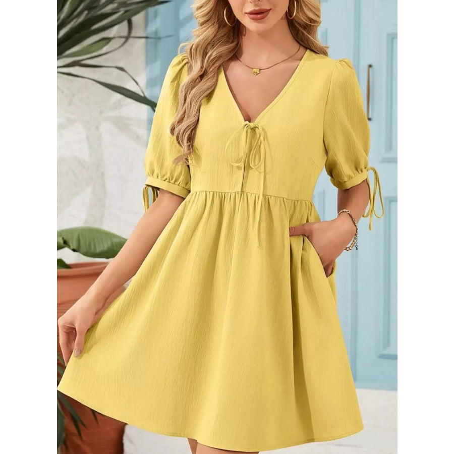 Tie-Neck Puff Sleeve A-Line Mini Dress Apparel and Accessories