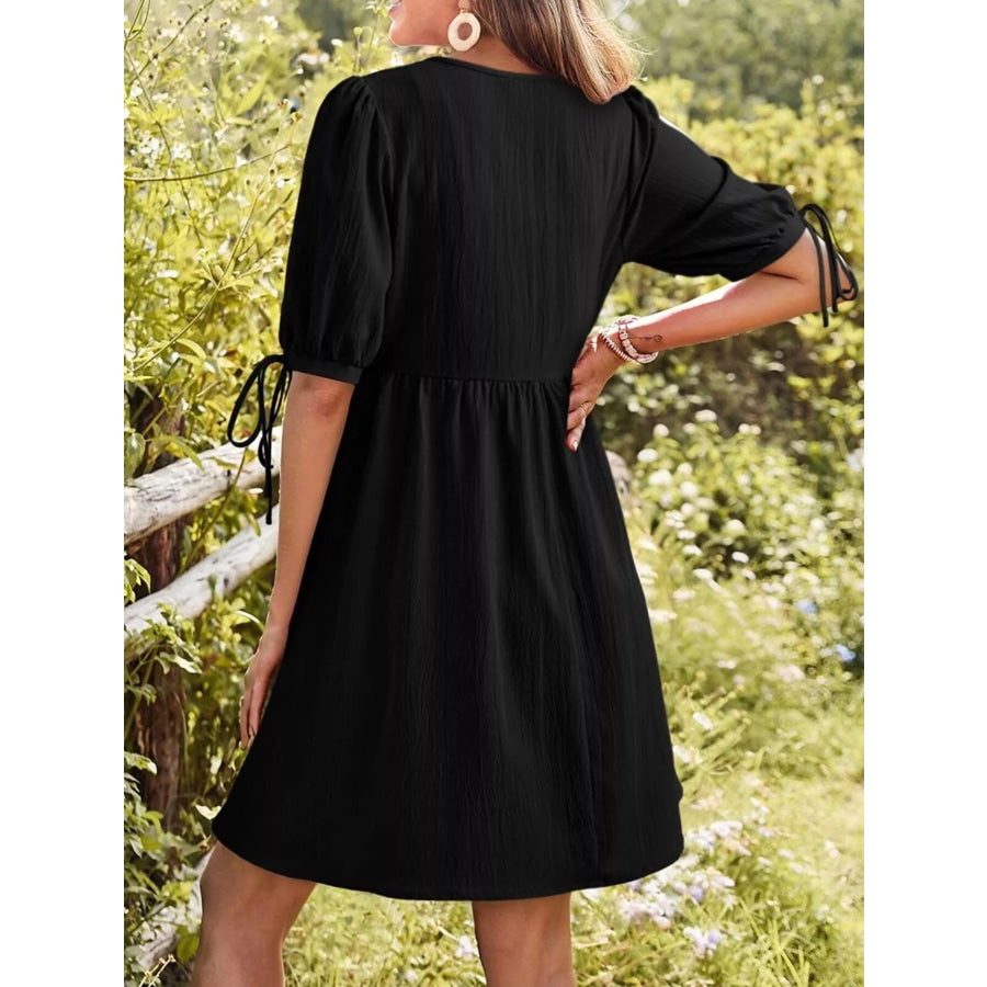 Tie-Neck Puff Sleeve A-Line Mini Dress Apparel and Accessories