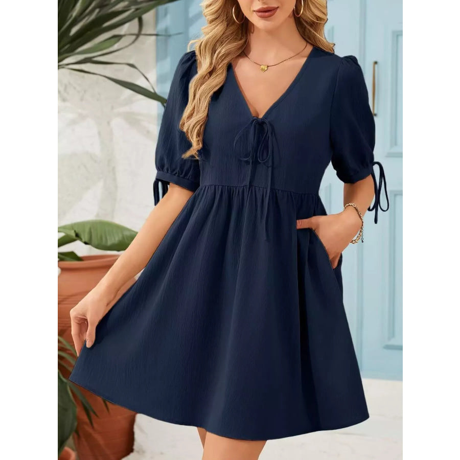 Tie-Neck Puff Sleeve A-Line Mini Dress Apparel and Accessories