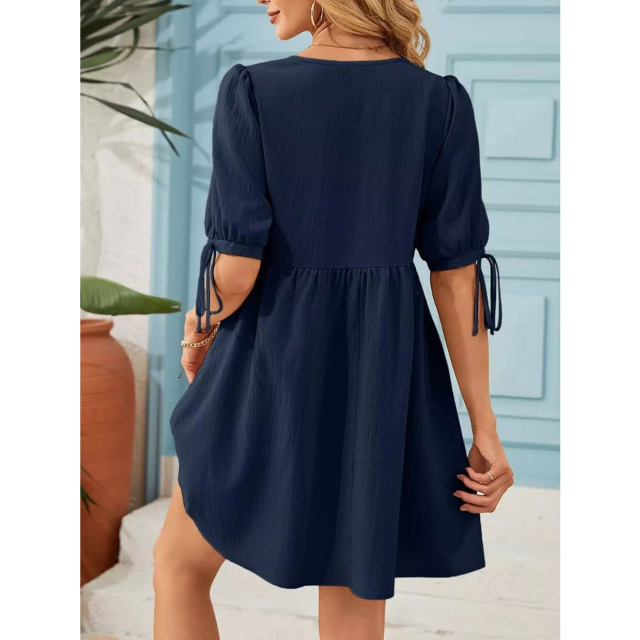 Tie-Neck Puff Sleeve A-Line Mini Dress Apparel and Accessories