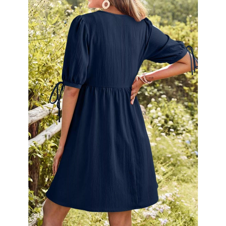 Tie-Neck Puff Sleeve A-Line Mini Dress Apparel and Accessories