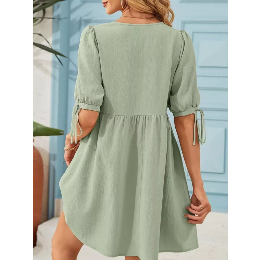 Tie-Neck Puff Sleeve A-Line Mini Dress Apparel and Accessories