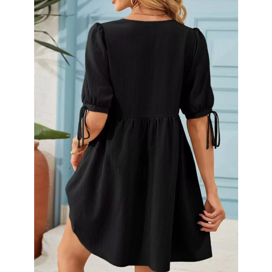 Tie-Neck Puff Sleeve A-Line Mini Dress Apparel and Accessories