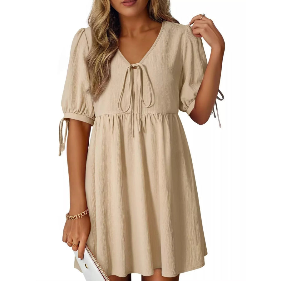 Tie-Neck Puff Sleeve A-Line Mini Dress Apparel and Accessories