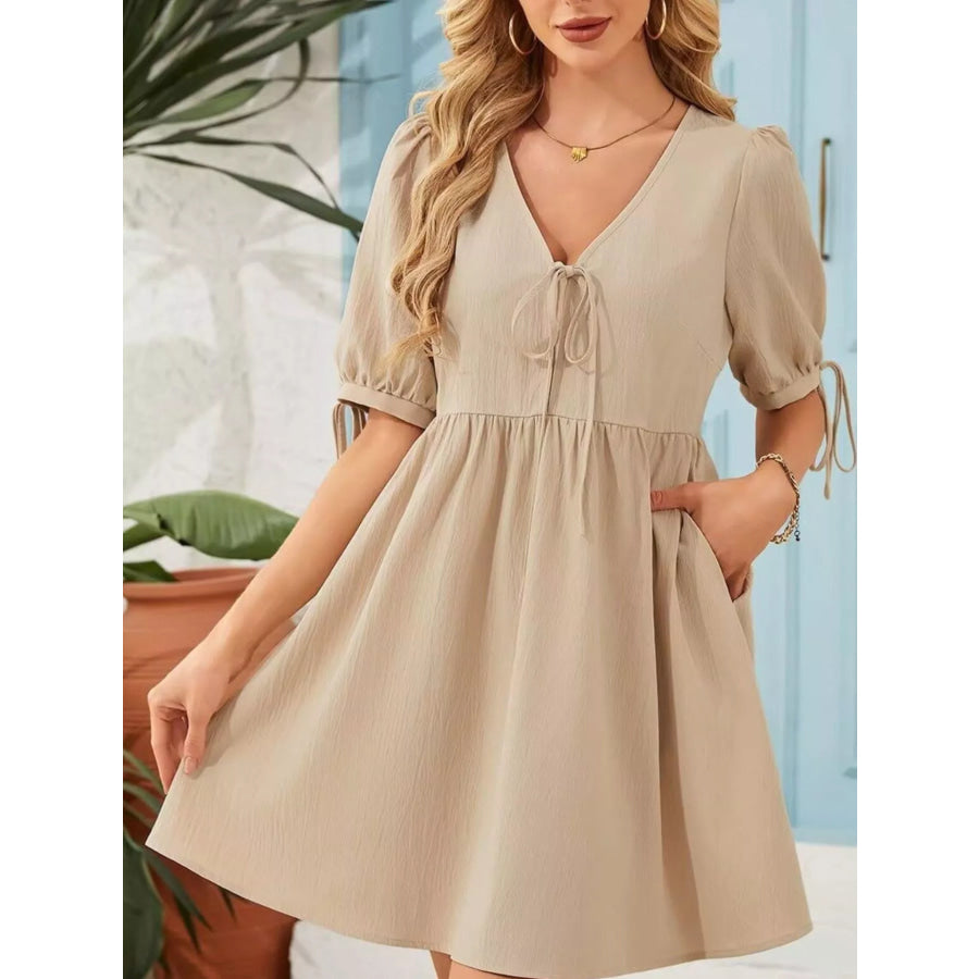 Tie-Neck Puff Sleeve A-Line Mini Dress Apparel and Accessories