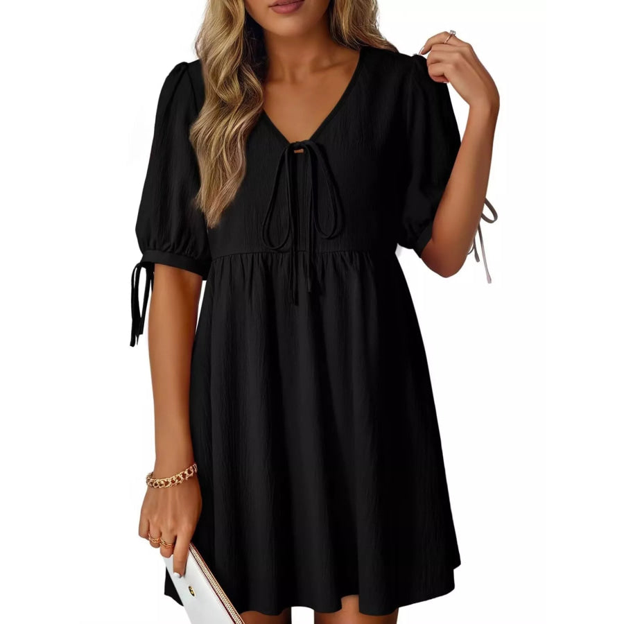 Tie-Neck Puff Sleeve A-Line Mini Dress Black / S Apparel and Accessories