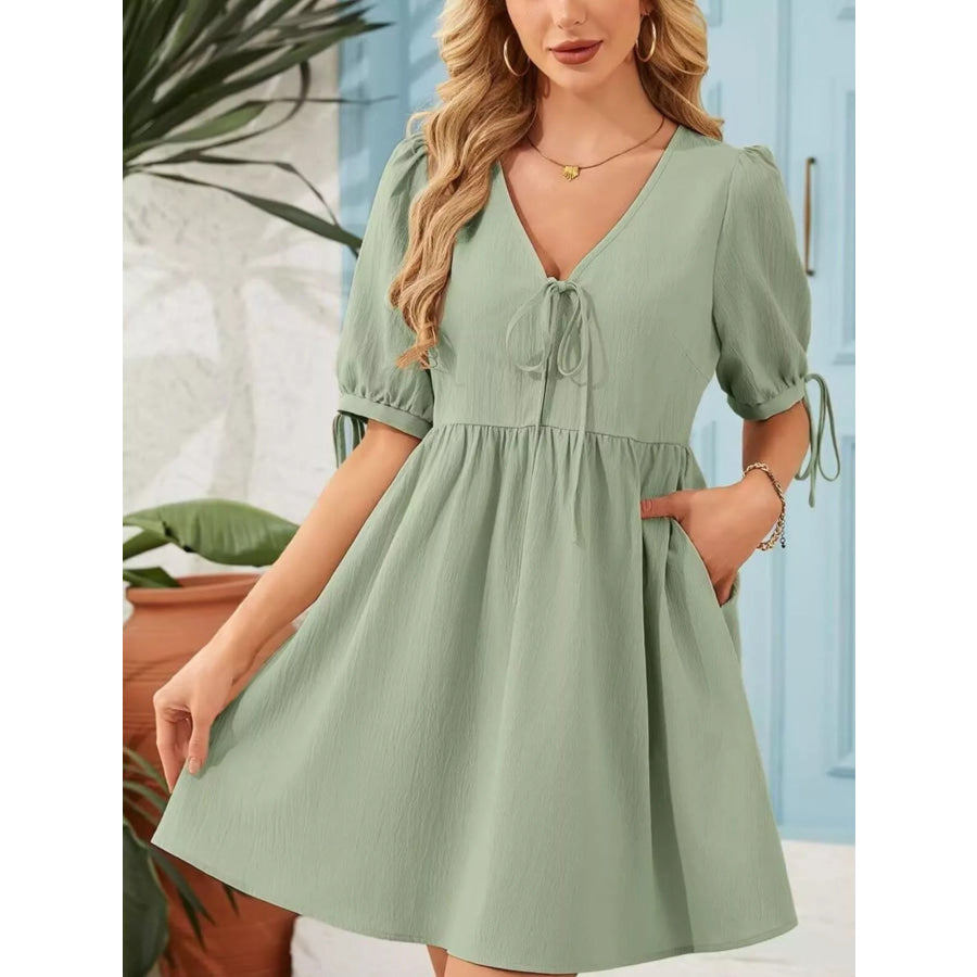 Tie-Neck Puff Sleeve A-Line Mini Dress Light Green / S Apparel and Accessories
