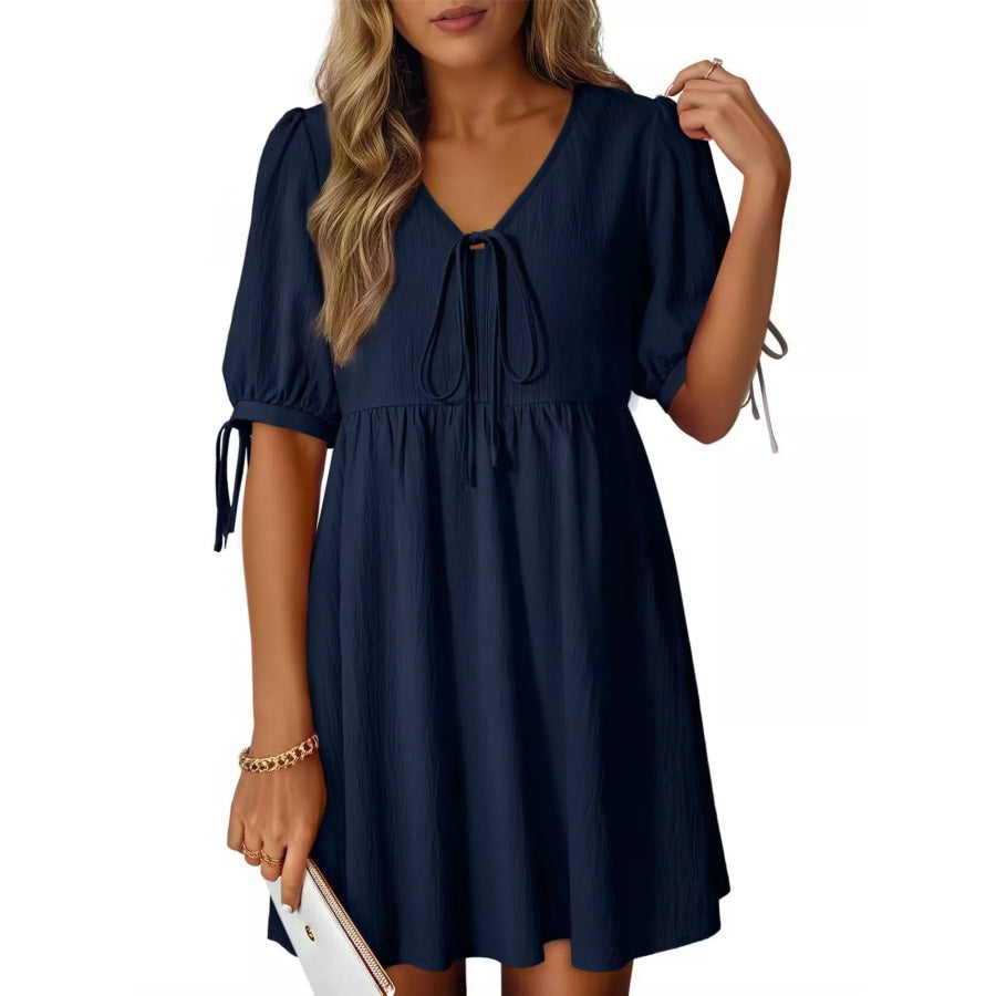 Tie-Neck Puff Sleeve A-Line Mini Dress Navy / S Apparel and Accessories