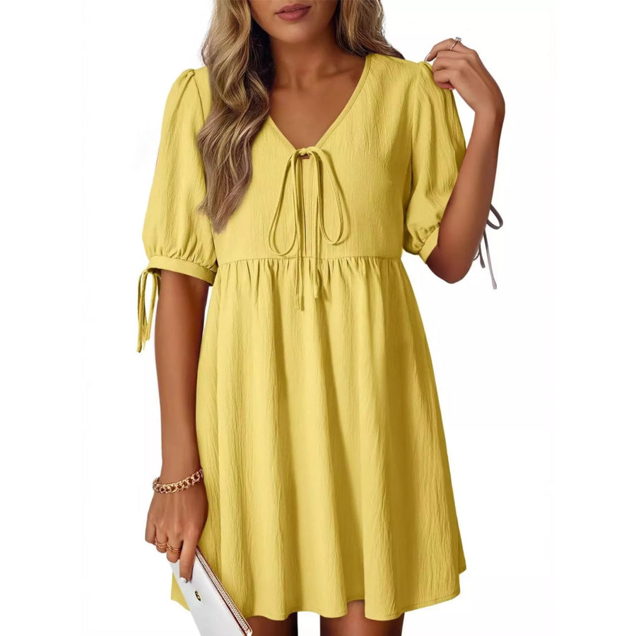 Tie-Neck Puff Sleeve A-Line Mini Dress Yellow / S Apparel and Accessories