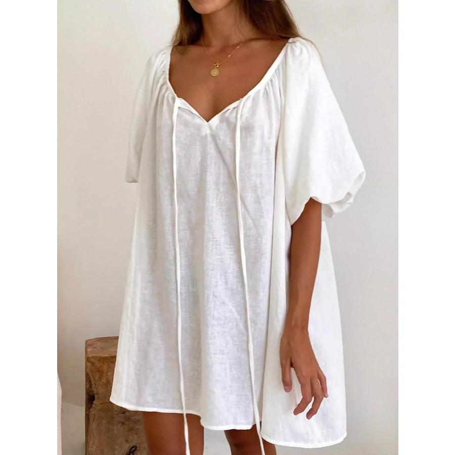 Tie Neck Puff Sleeve Lounge Dress White / S Apparel and Accessories