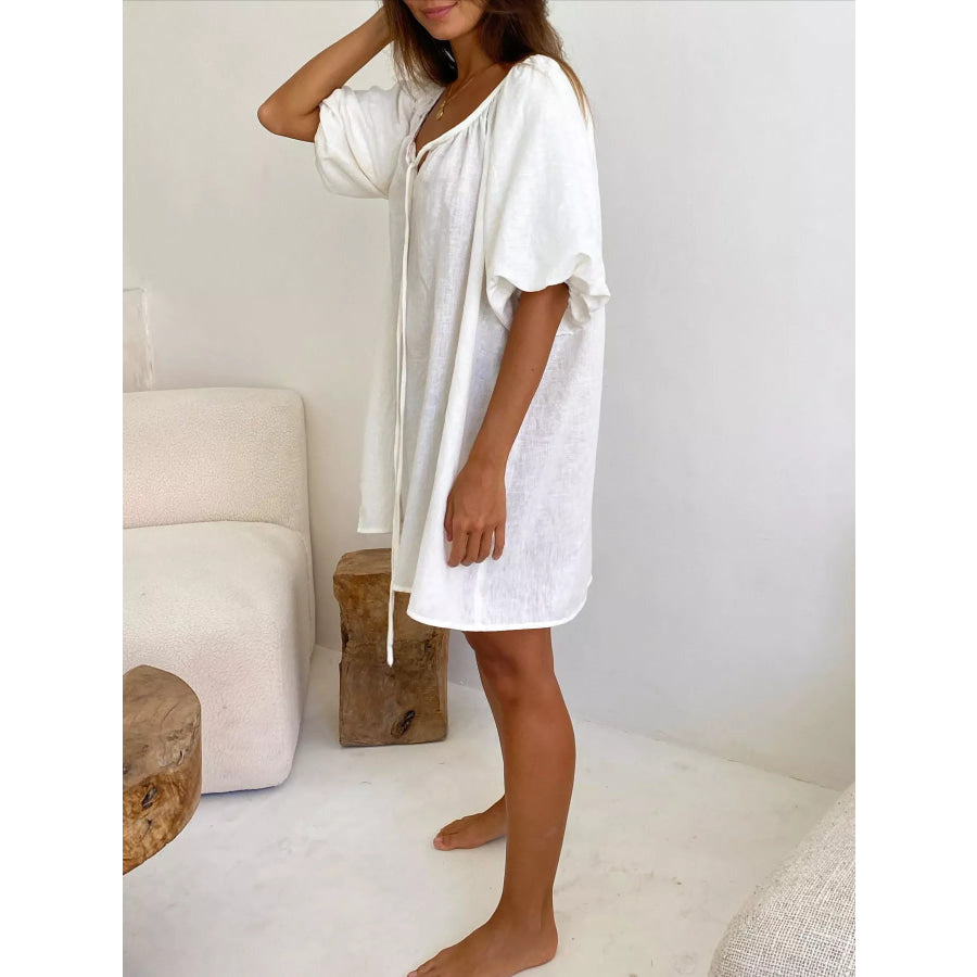 Tie Neck Puff Sleeve Lounge Dress Apparel and Accessories