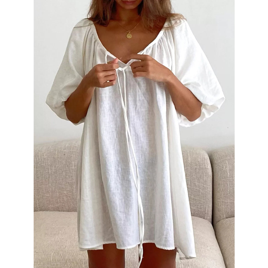 Tie Neck Puff Sleeve Lounge Dress White / S Apparel and Accessories