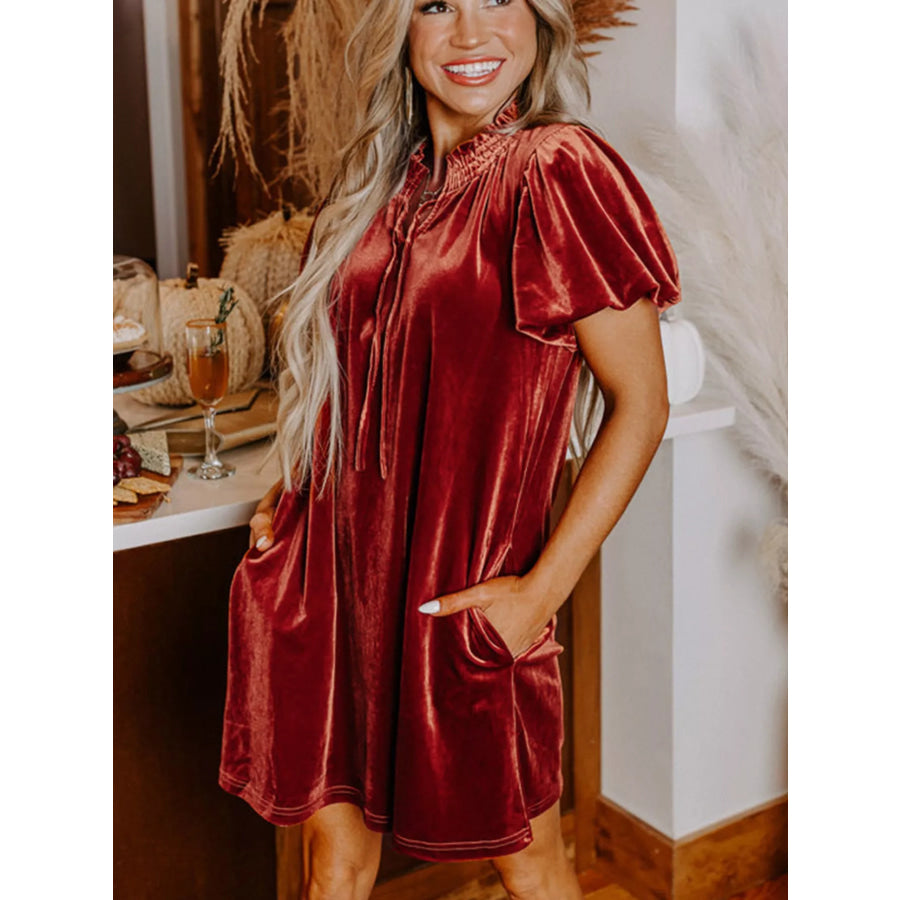Tie Neck Puff Sleeve Velvet Dress Apparel and Accessories