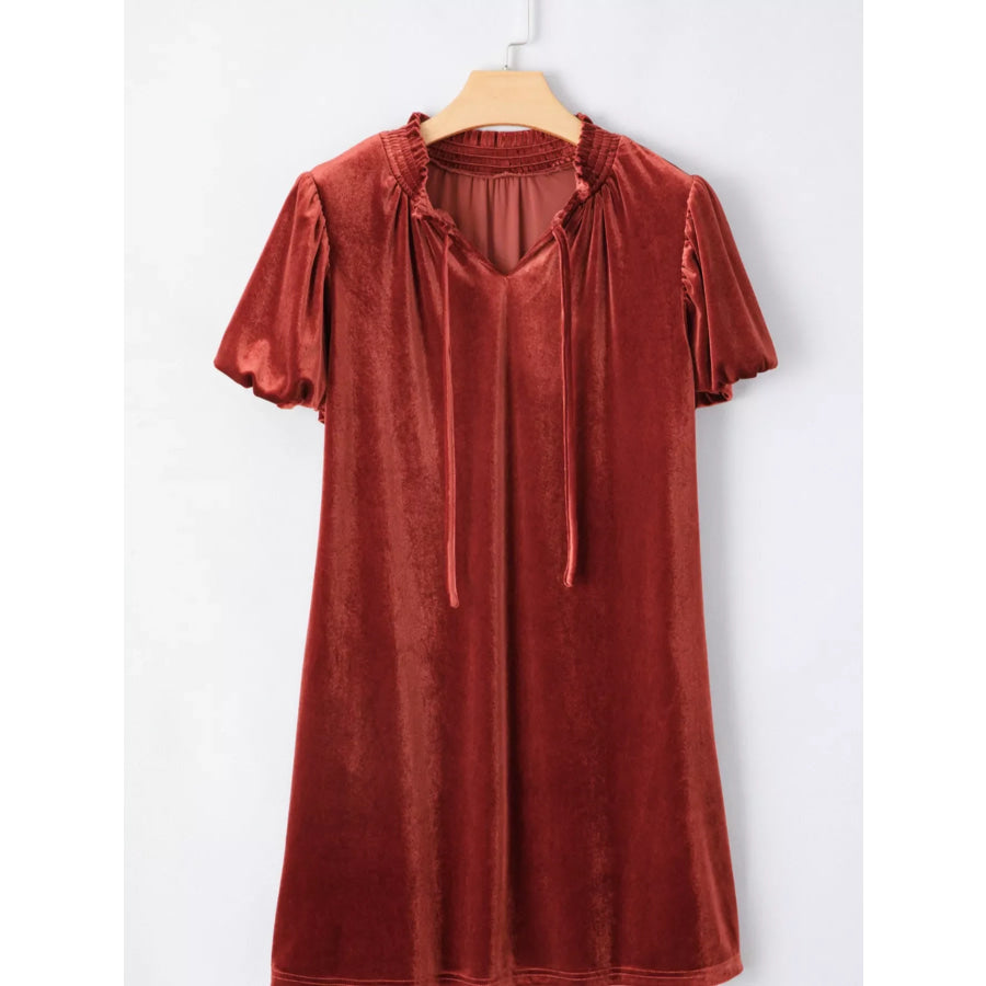 Tie Neck Puff Sleeve Velvet Dress Apparel and Accessories
