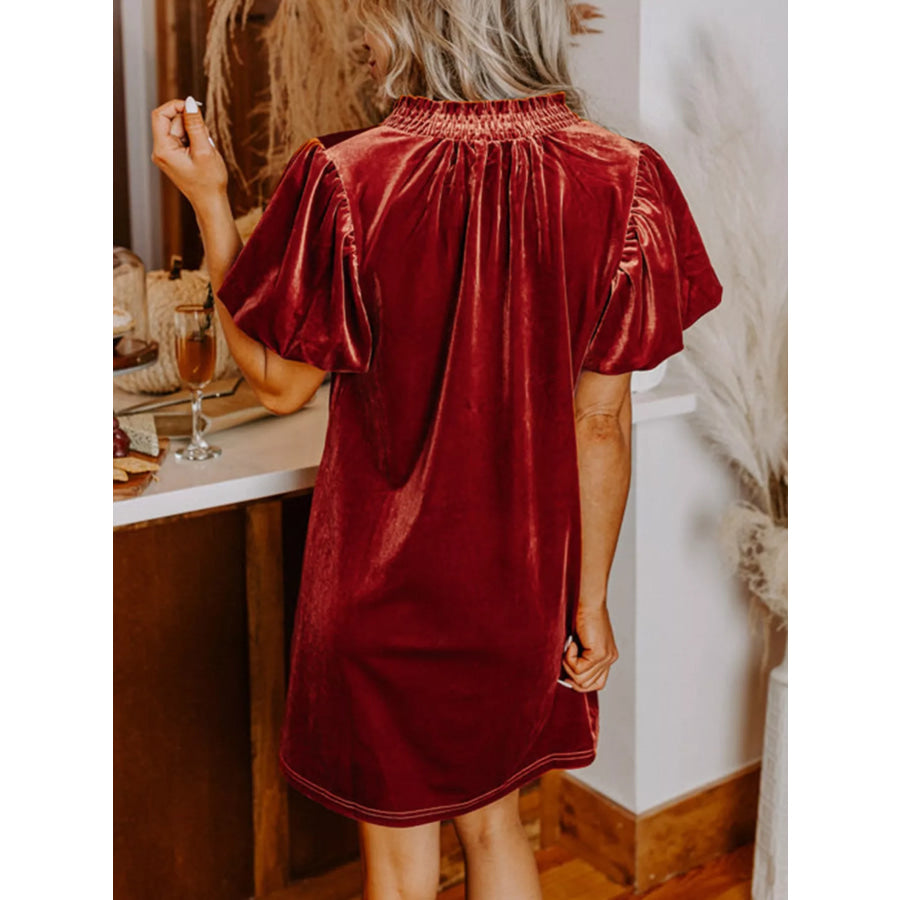 Tie Neck Puff Sleeve Velvet Dress Apparel and Accessories