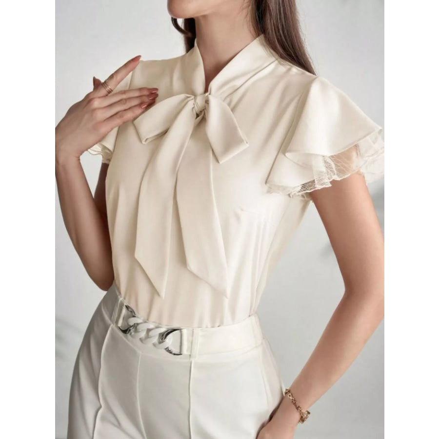 Tie-Neck Ruffle Sleeve Blouse Beige / S Apparel and Accessories