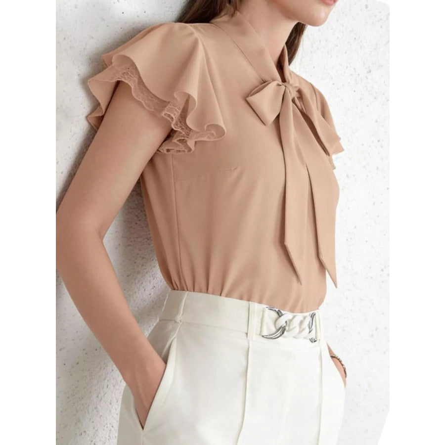 Tie-Neck Ruffle Sleeve Blouse Tan / S Apparel and Accessories