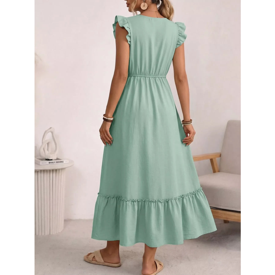 Tie Neck Ruffle Sleeve Maxi Dress Apparel and Accessories