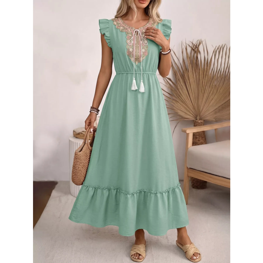Tie Neck Ruffle Sleeve Maxi Dress Apparel and Accessories