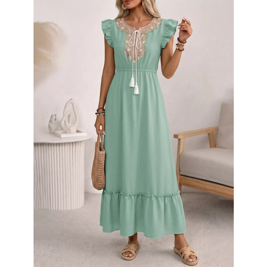 Tie Neck Ruffle Sleeve Maxi Dress Apparel and Accessories