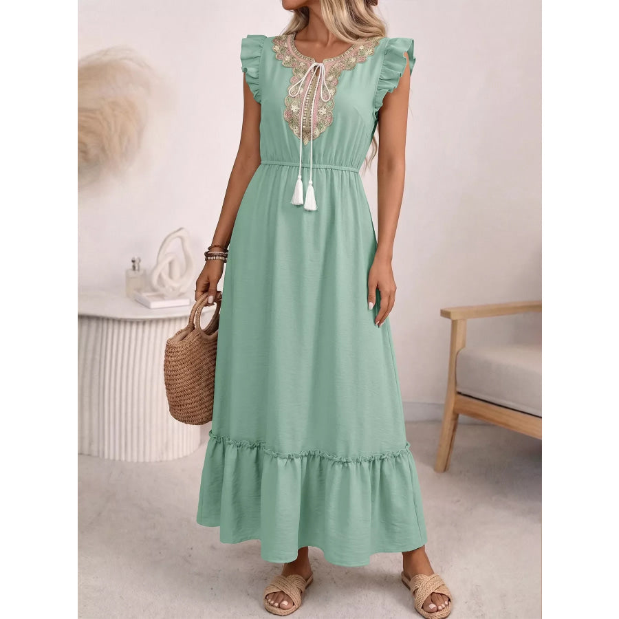Tie Neck Ruffle Sleeve Maxi Dress Green / S Apparel and Accessories