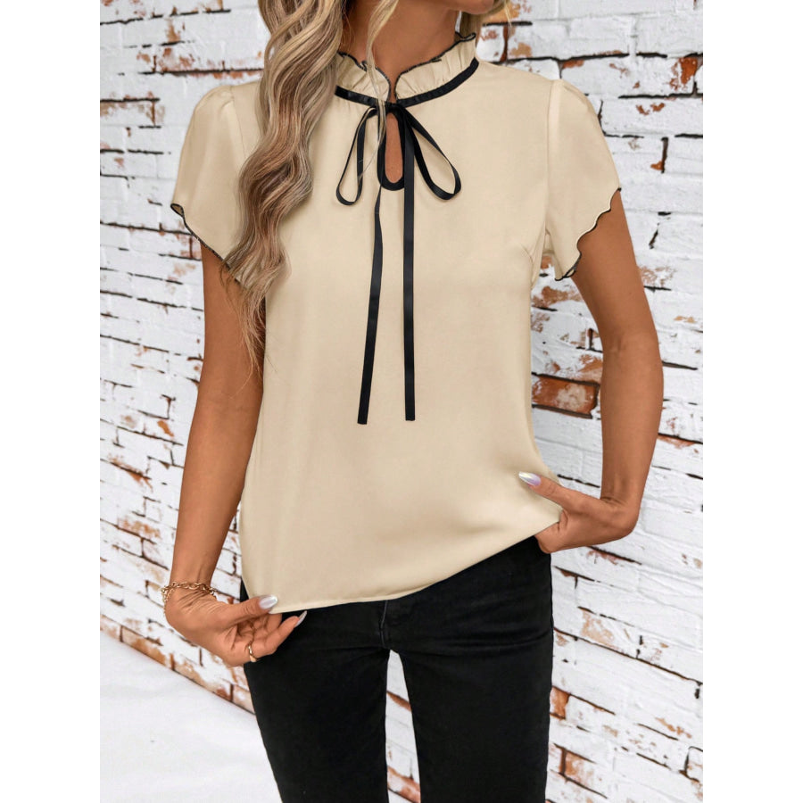 Tie Neck Short Sleeve Blouse Apparel and Accessories