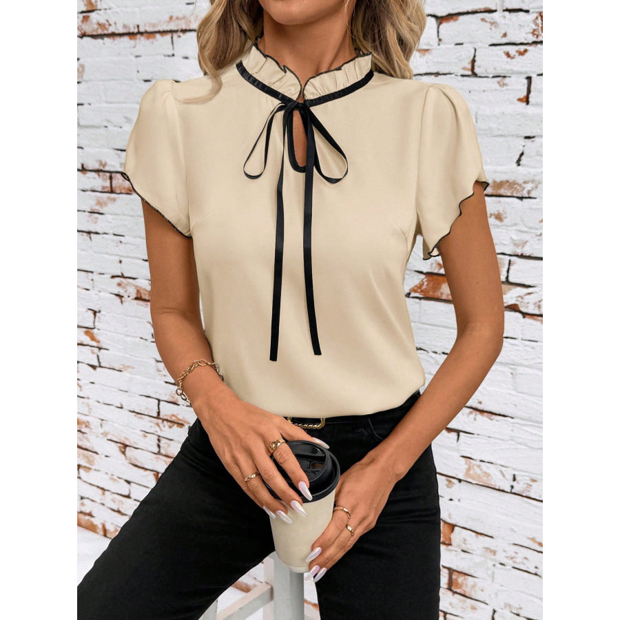 Tie Neck Short Sleeve Blouse Apparel and Accessories