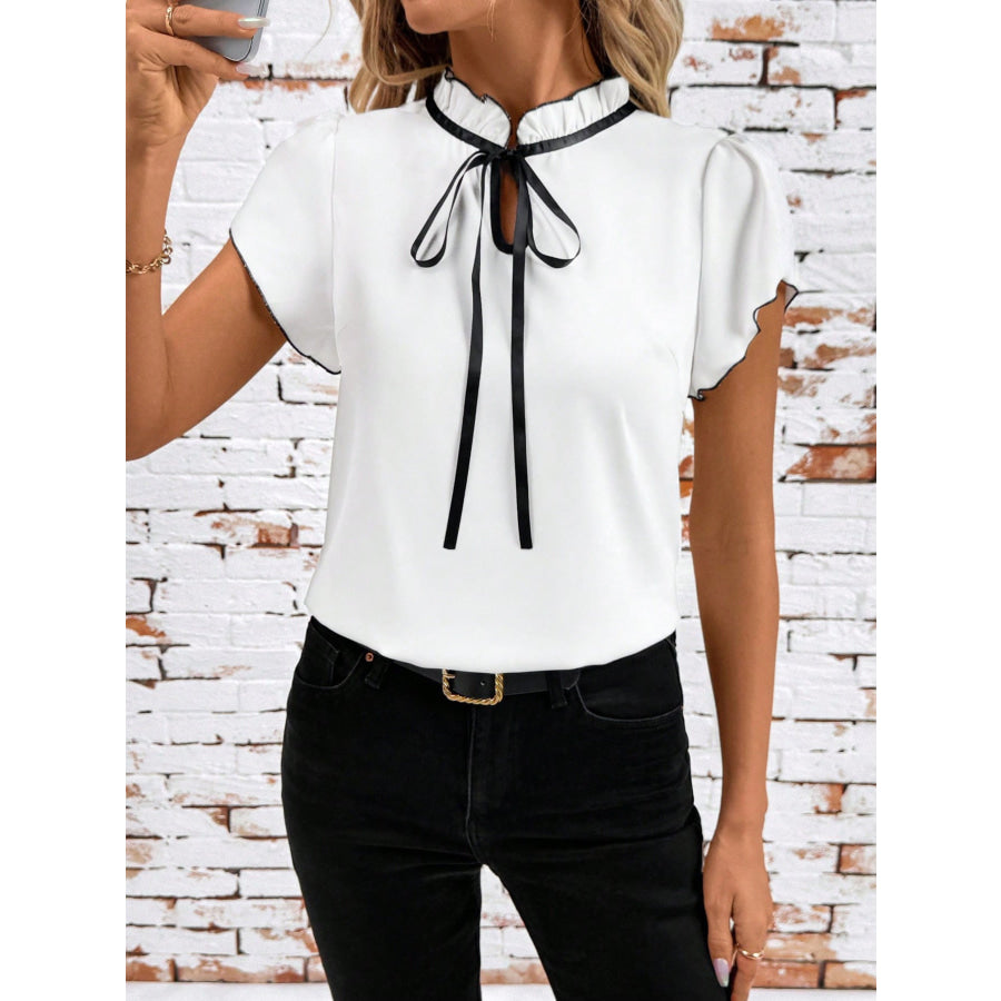 Tie Neck Short Sleeve Blouse Apparel and Accessories