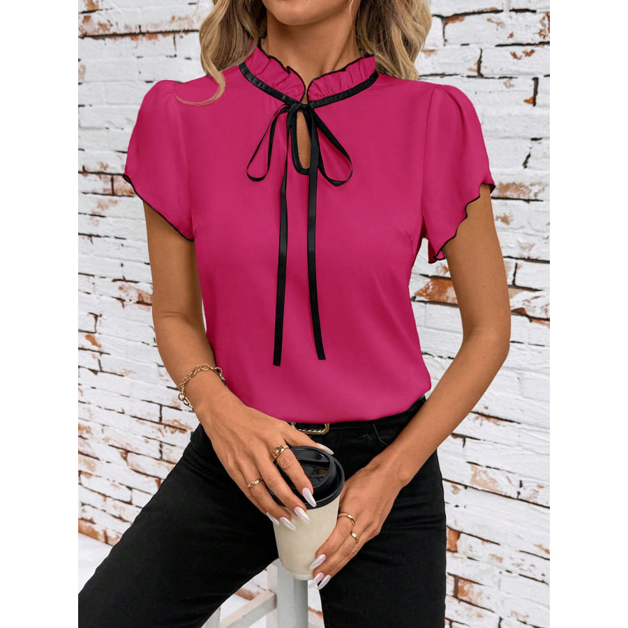 Tie Neck Short Sleeve Blouse Apparel and Accessories