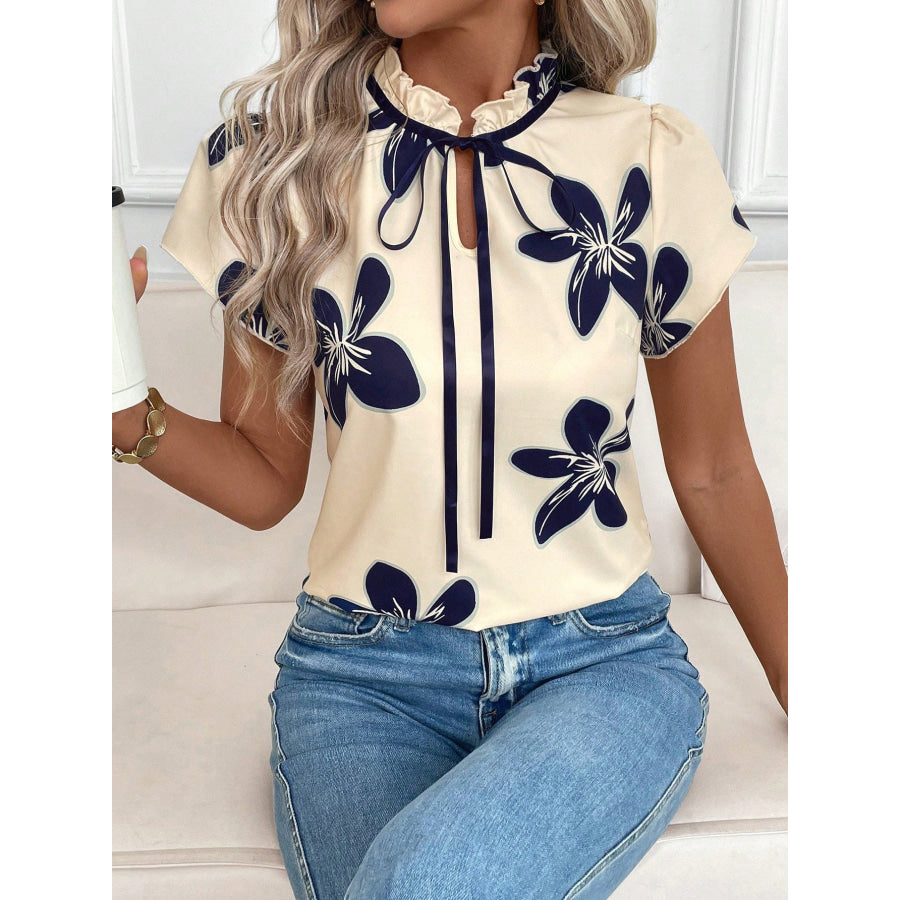 Tie Neck Short Sleeve Blouse Apparel and Accessories