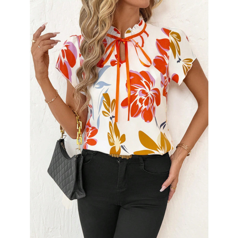 Tie Neck Short Sleeve Blouse Apparel and Accessories
