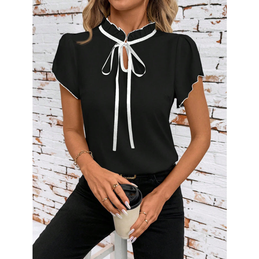 Tie Neck Short Sleeve Blouse Black / S Apparel and Accessories