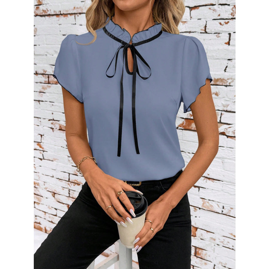 Tie Neck Short Sleeve Blouse Blue / S Apparel and Accessories