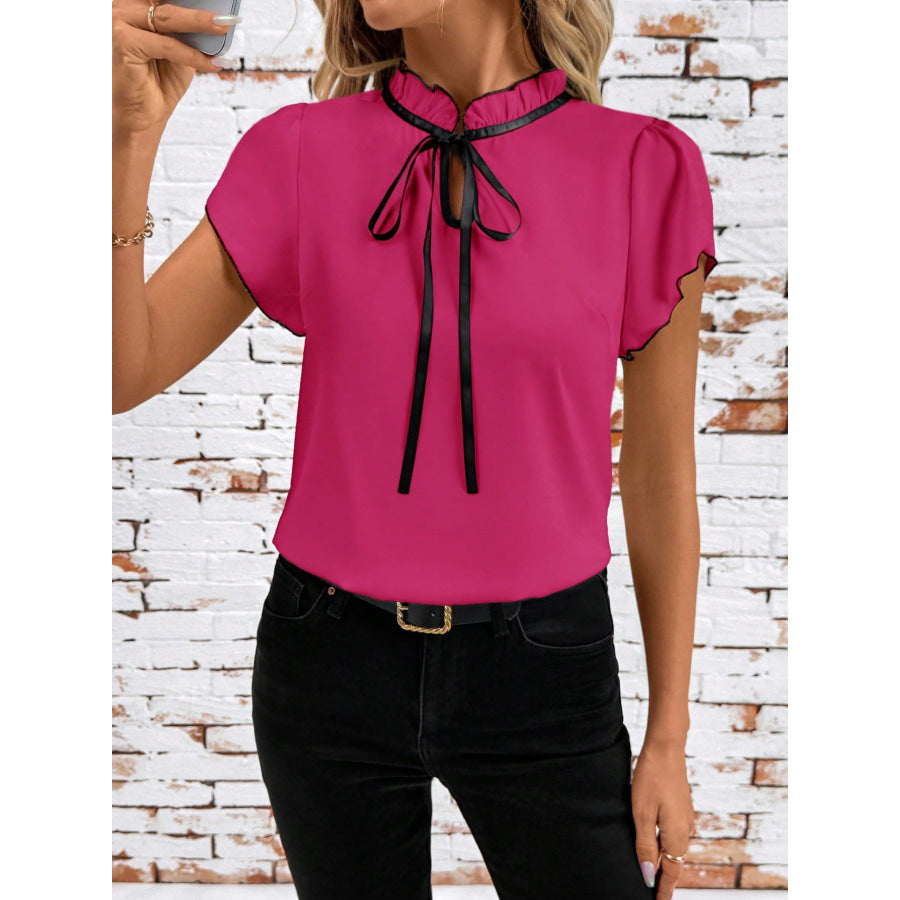 Tie Neck Short Sleeve Blouse Fuchsia Pink / S Apparel and Accessories