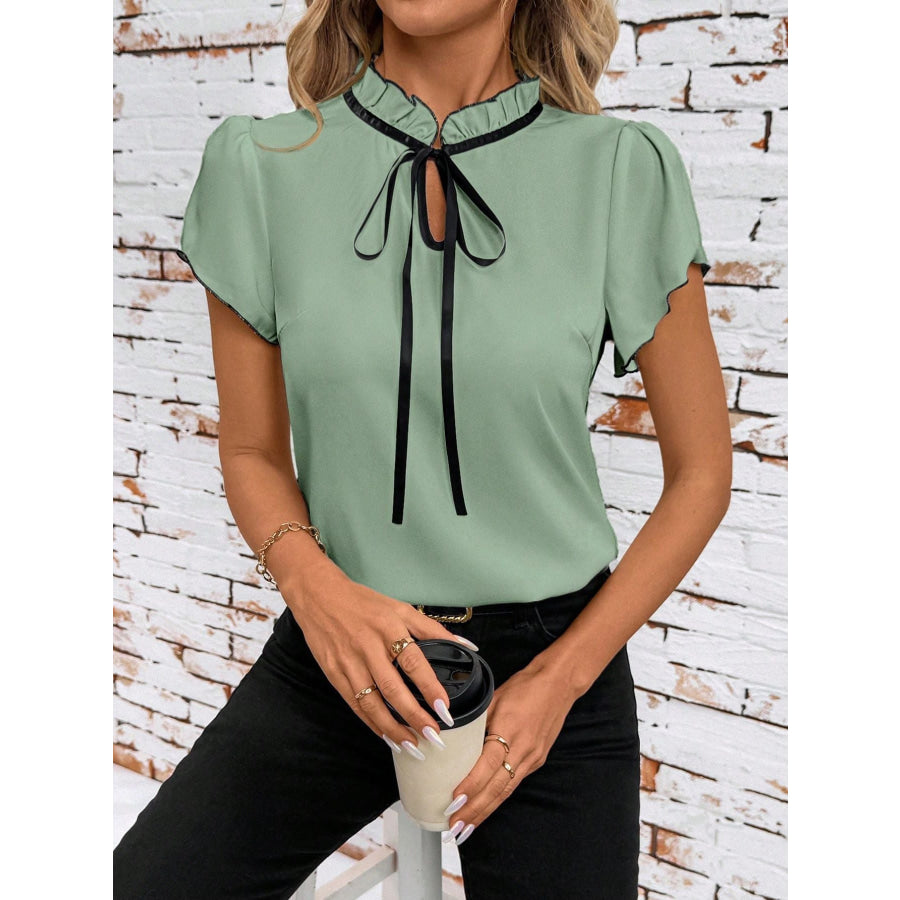 Tie Neck Short Sleeve Blouse Green / S Apparel and Accessories