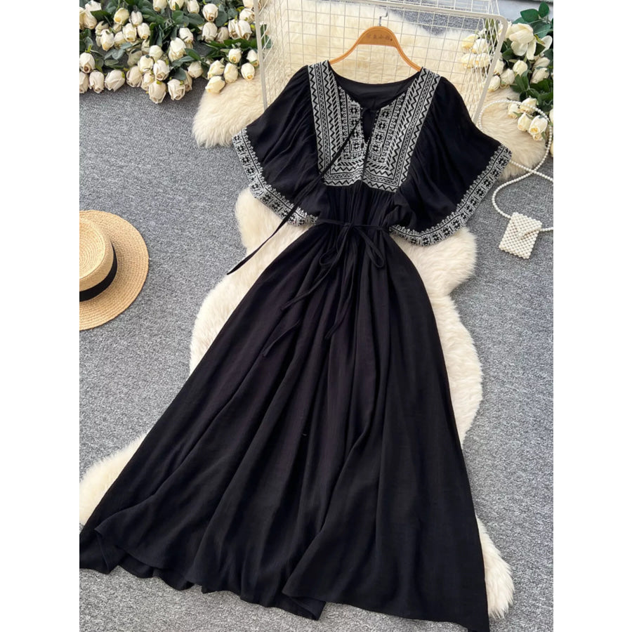 Tie Neck Short Sleeve Dress Black / One Size Apparel and Accessories
