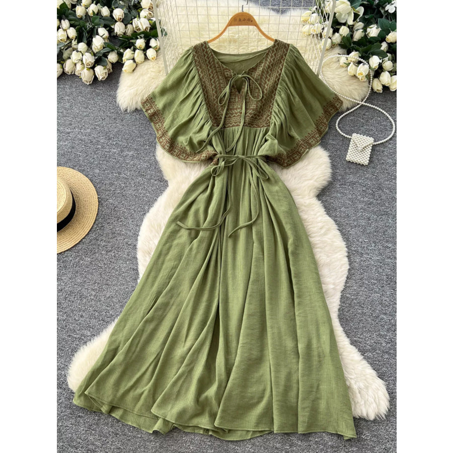 Tie Neck Short Sleeve Dress Dark Green / One Size Apparel and Accessories
