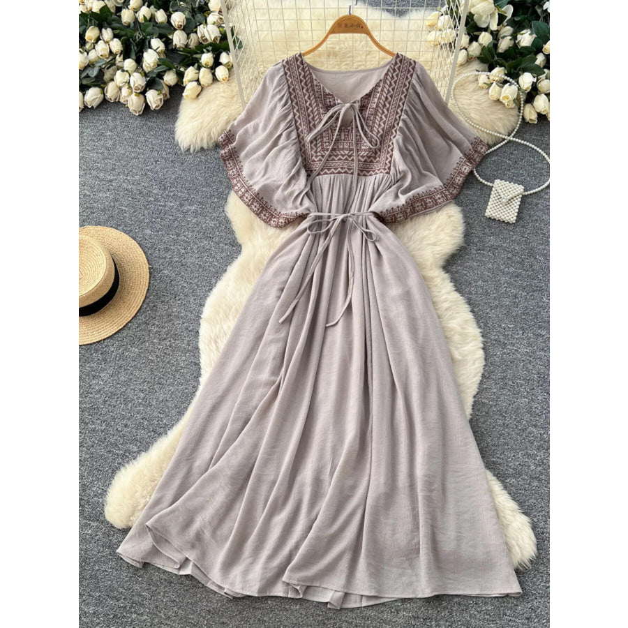Tie Neck Short Sleeve Dress Grey / One Size Apparel and Accessories