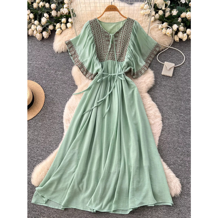Tie Neck Short Sleeve Dress Mint Green / One Size Apparel and Accessories