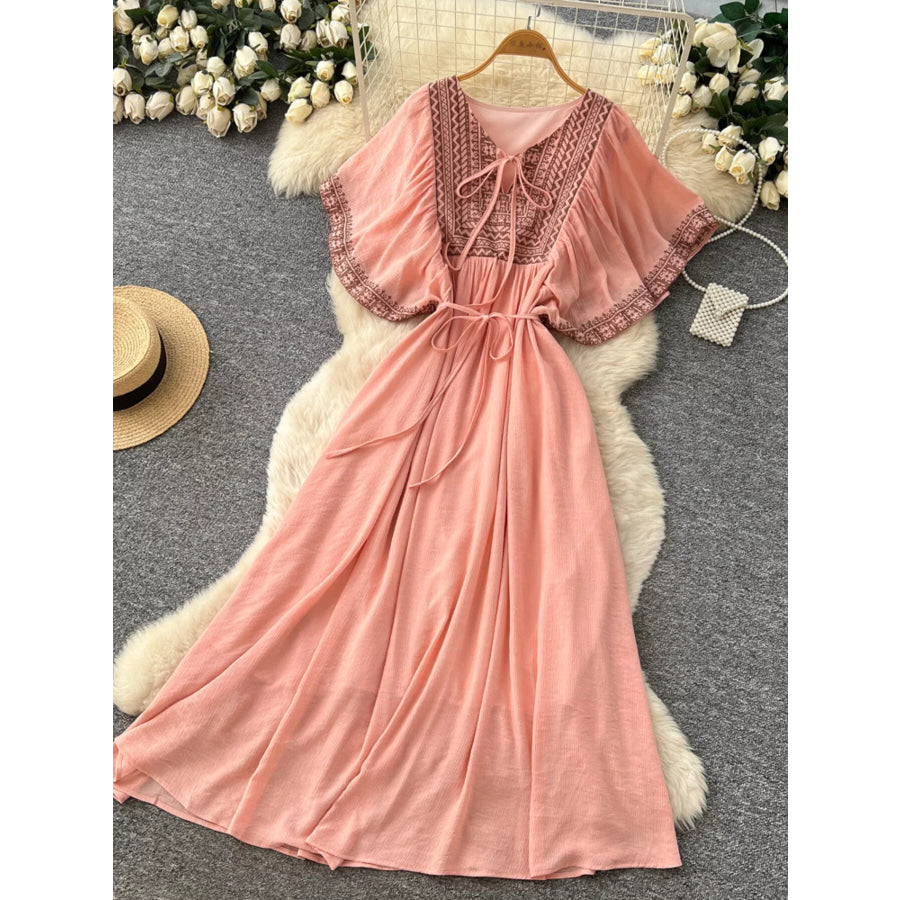 Tie Neck Short Sleeve Dress Pink / One Size Apparel and Accessories