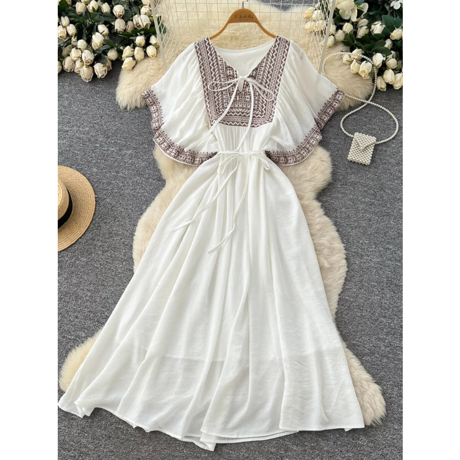 Tie Neck Short Sleeve Dress White / One Size Apparel and Accessories