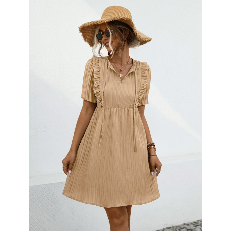 Tie Neck Short Sleeve Mini Dress Camel / S Apparel and Accessories