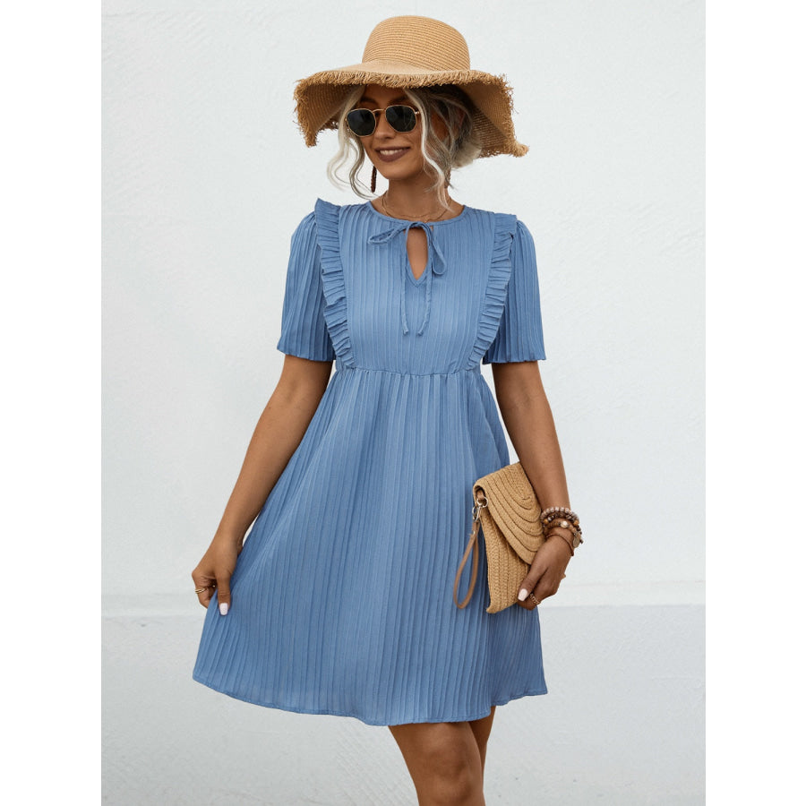 Tie Neck Short Sleeve Mini Dress Dusty Blue / S Apparel and Accessories