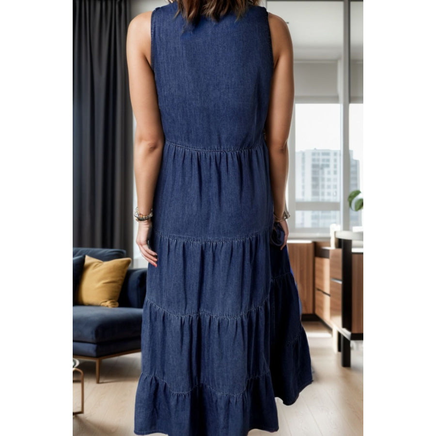Tie Neck Sleeveless Denim Dress Dark / S Apparel and Accessories