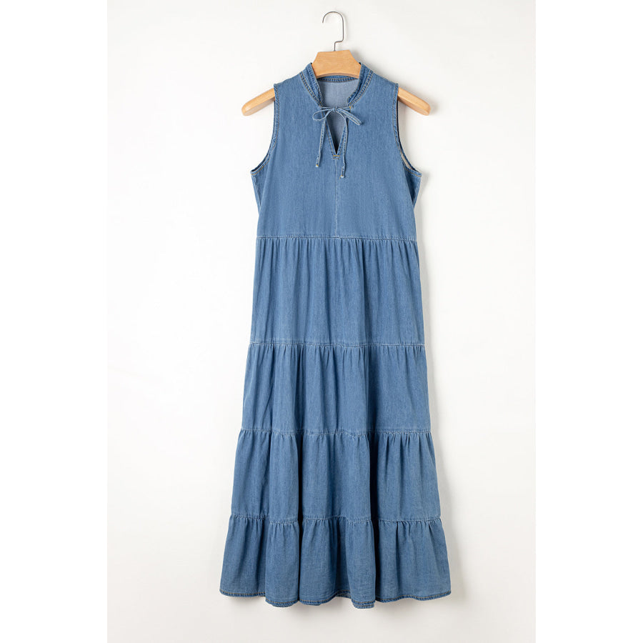 Tie Neck Sleeveless Denim Dress Light / L Apparel and Accessories