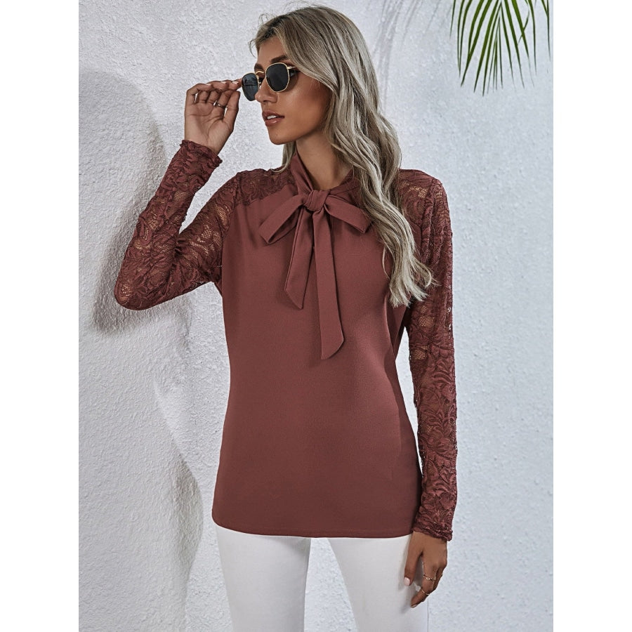 Tie Neck Spliced Lace Long Sleeve Top