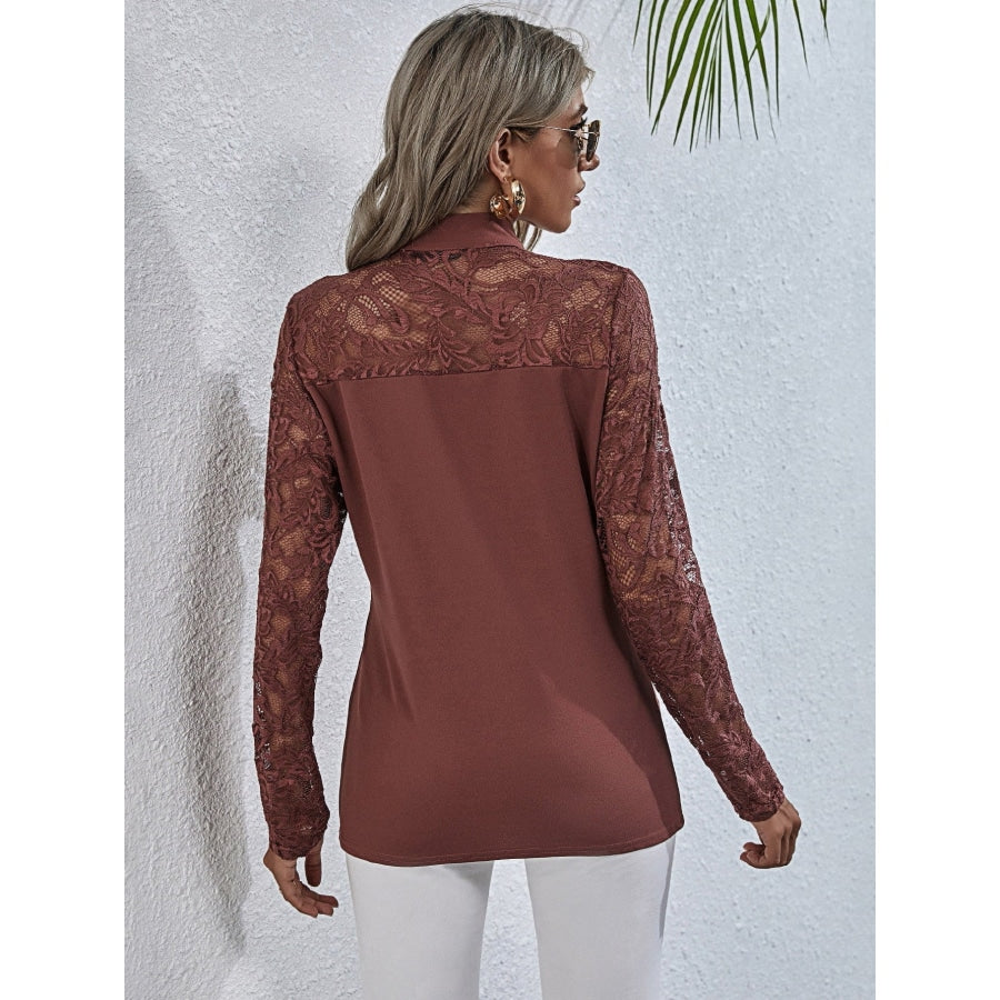 Tie Neck Spliced Lace Long Sleeve Top Light Mauve / S