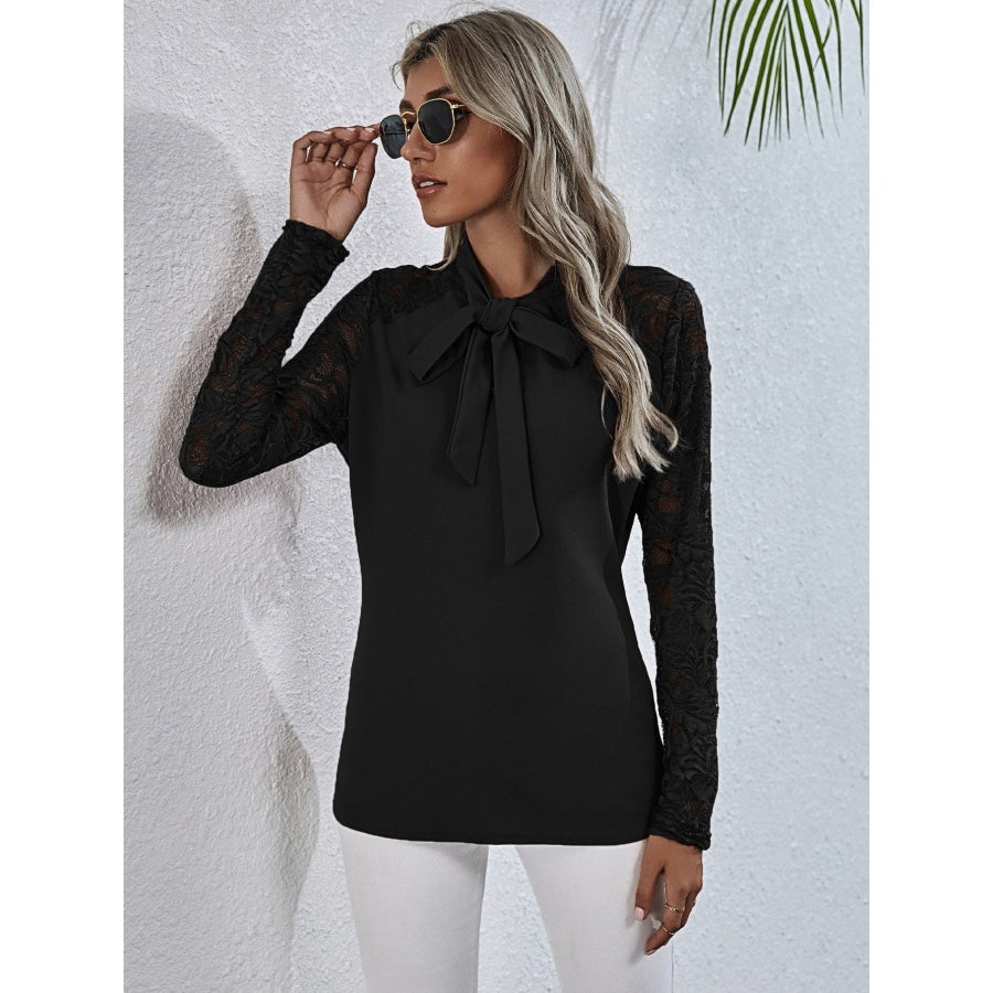 Tie Neck Spliced Lace Long Sleeve Top