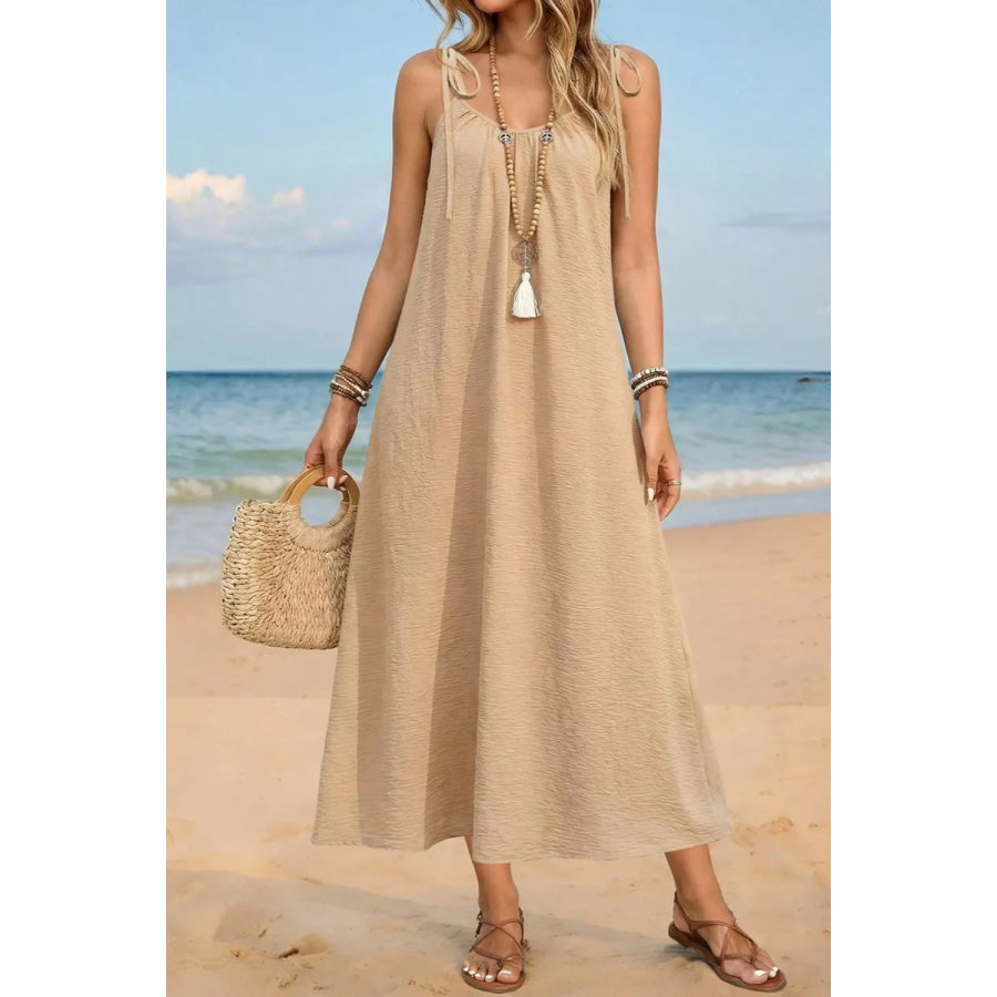 Tie-Shoulder Flowy Midi Dress Tan / S Apparel and Accessories