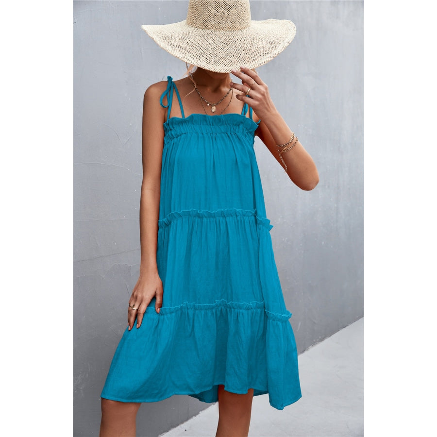 Tie-Shoulder Frill Trim Sleeveless Dress Azure / S